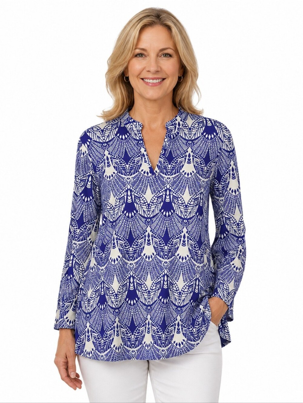 Gingy's Blue & White Geometric Tunic Top XL Boho V-Neck Preppy Coastal‎ Resort